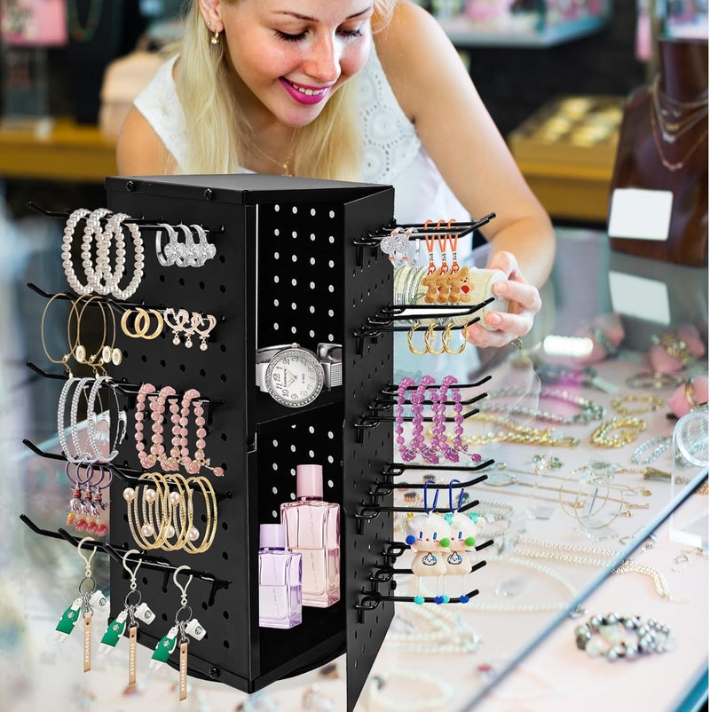 NewEle 360° Rotating Pegboard Display Stand with 60 Hooks & Inner Storage Compartments - Metal Peg Board Keychain Jewelry Display Stand for Vendors, Retail, Craft Shows (Black) - Image 2